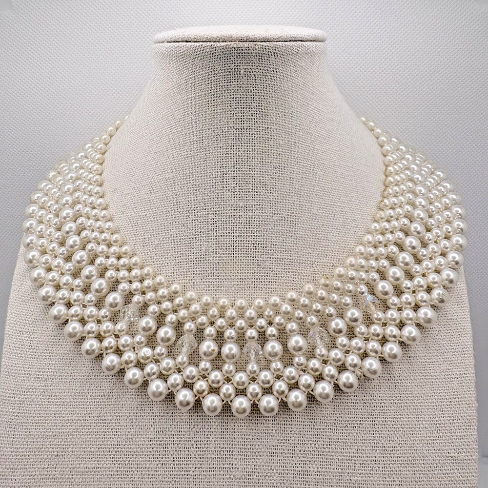 Vintage Japan Signed Faux Pearl Necklace Bib Collar Choker Aurora Borealis